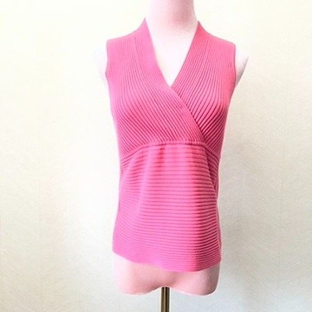 Vintage 90s August Silk Pink Surplice V-Neck Ribbed Knit Tank Top Womens Size PM